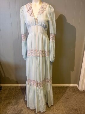Gunne Sax Vintage Pale Blue Maxi Dress with Pink Lace Trim